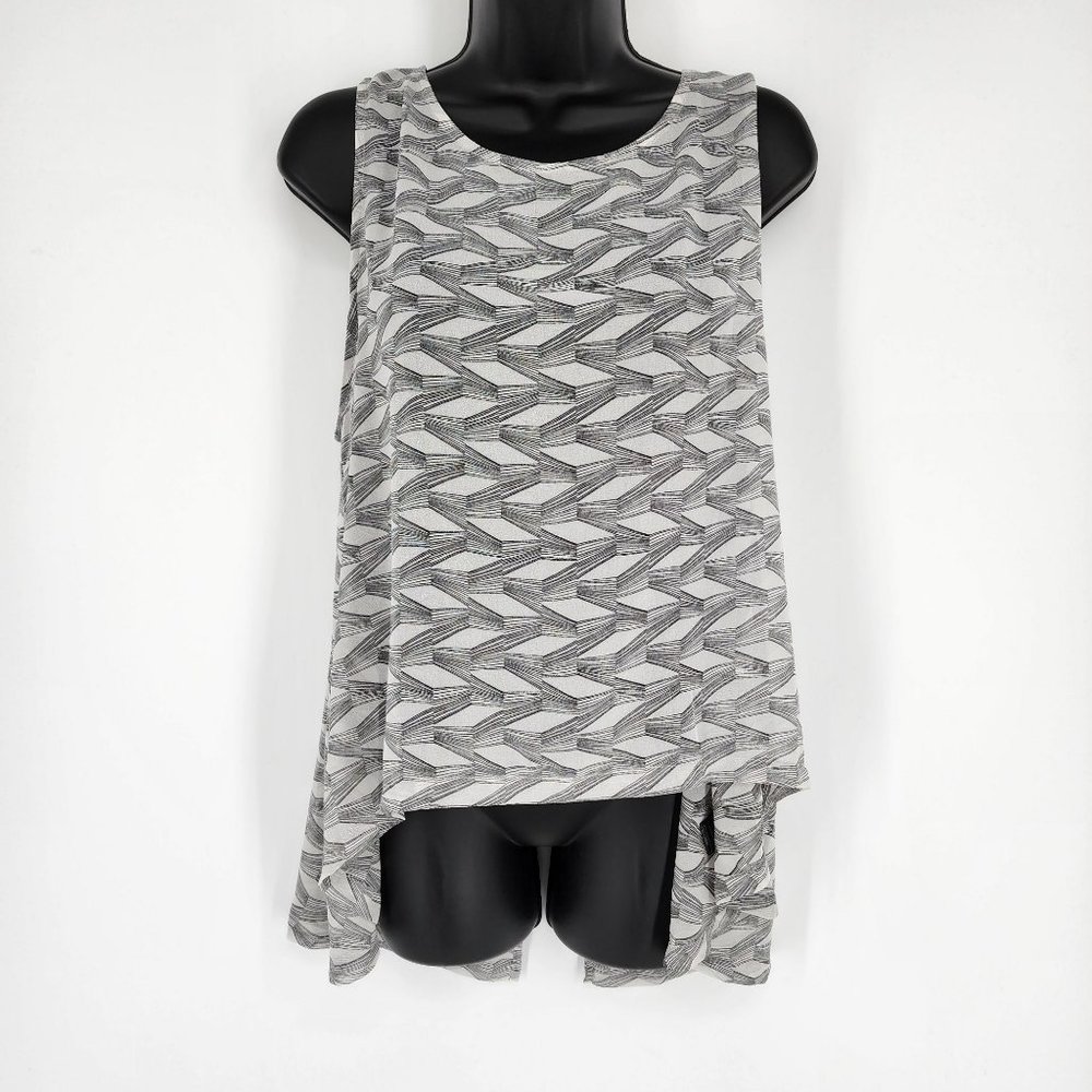 BB Dakota Tank Top S Black White Maliyan Sheer Split Back Hi Low Abstract Print